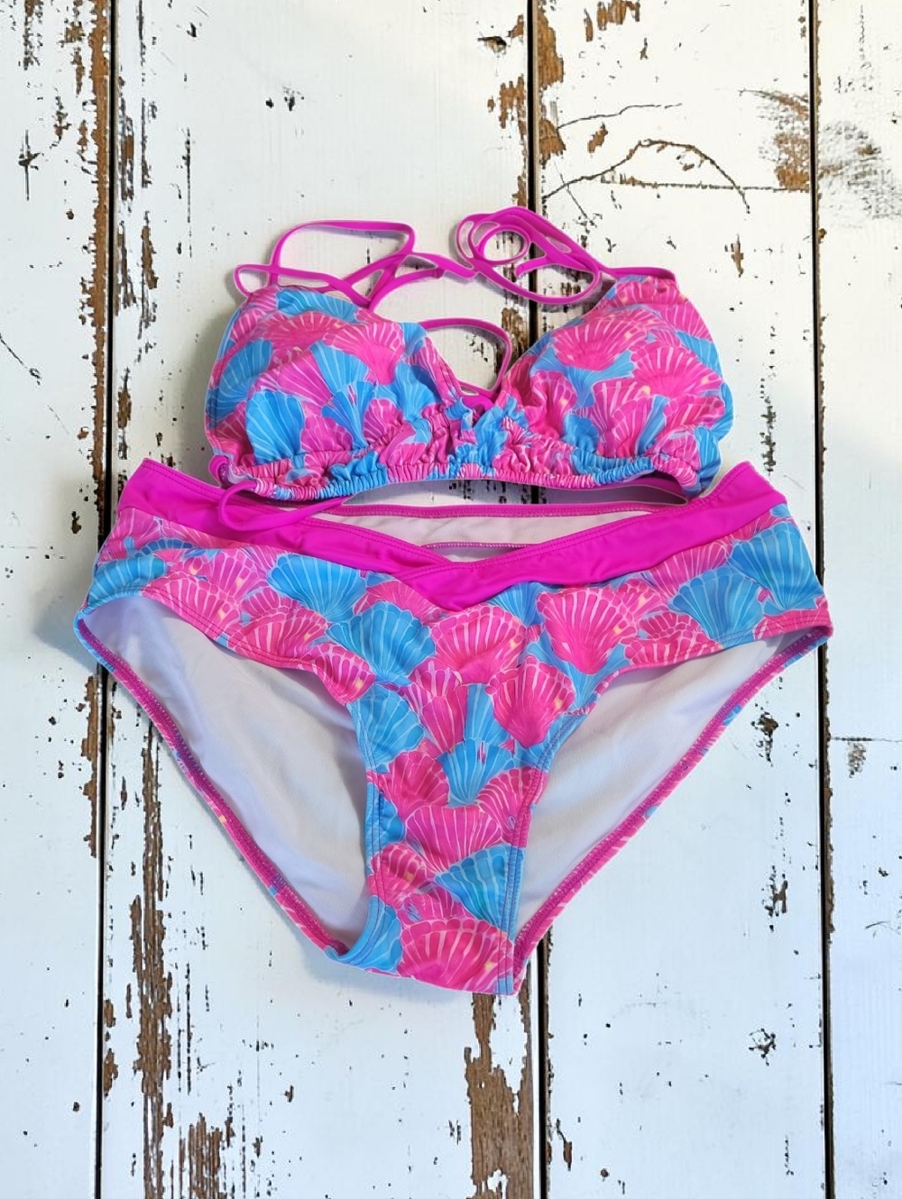 Shell-Print Pink & Blue Tie-Strap Bikini Set - Women's Swim Size-Large